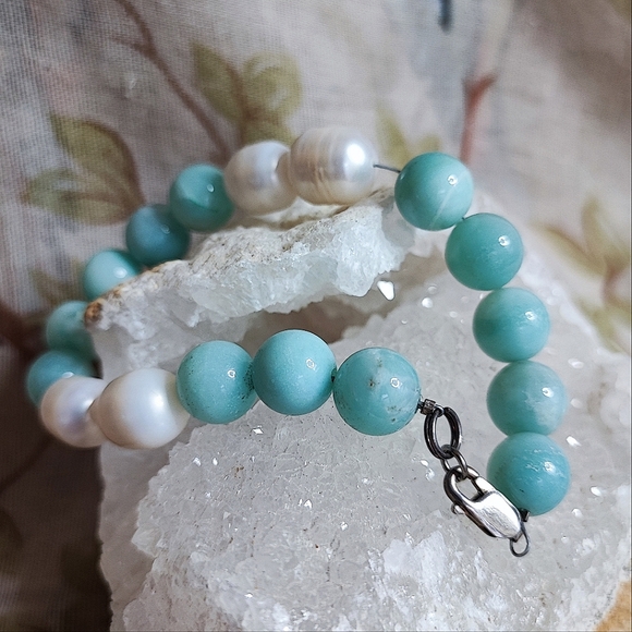 Amazonite Stone Potato Pearls Sterling Clasp Wired Artisan Bracelet - Picture 9 of 15